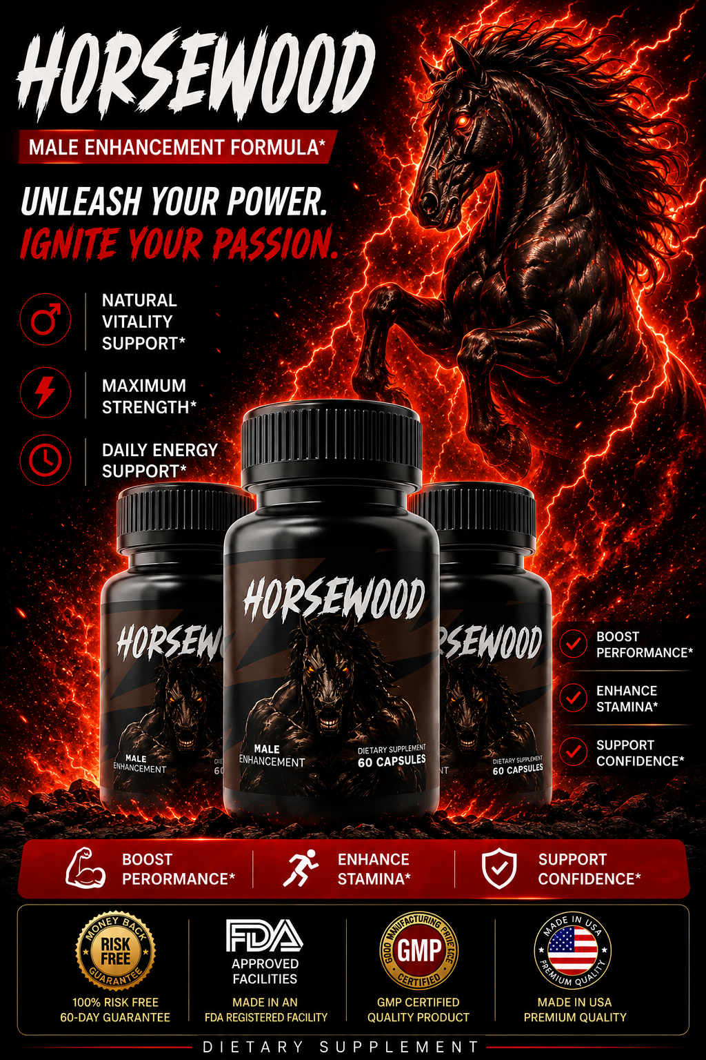 3 Bottles of Horsewood men's vitality and daily wellness supplement